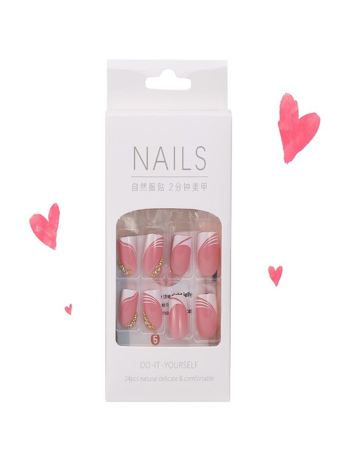 ASONRL 24 Pcs Acrylic Press on Nails, ASONRL Short Medium Square French White Edge Pink Fake Nails with Gold Rhinestones, Glue on Nails Reusable False Nails for Women, French- Gold Diamond Square - Image 4